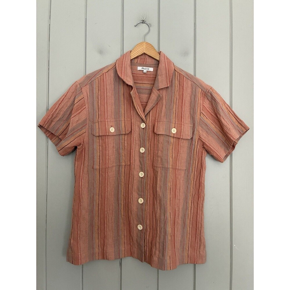 Madewell Camp Shirt S Small Striped Cotton Linen Blend Oversized NJ592 Collar